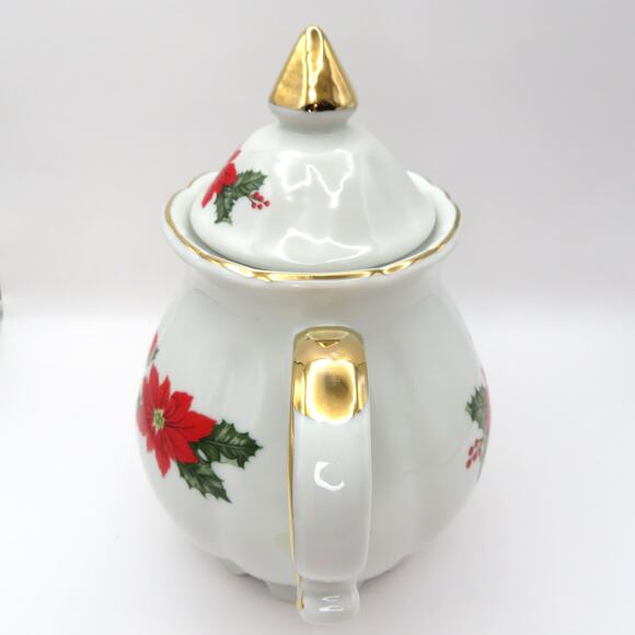 Lefton Christmas Teapot 1987 Poinsettia Holly Gold Trim Holiday Serveware Japan - Picture 5 of 16